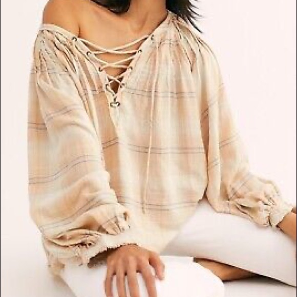 Free People Tops - Free People We the Free White/Yellow Boho The Cloudbreaker Plaids Lace Blouse